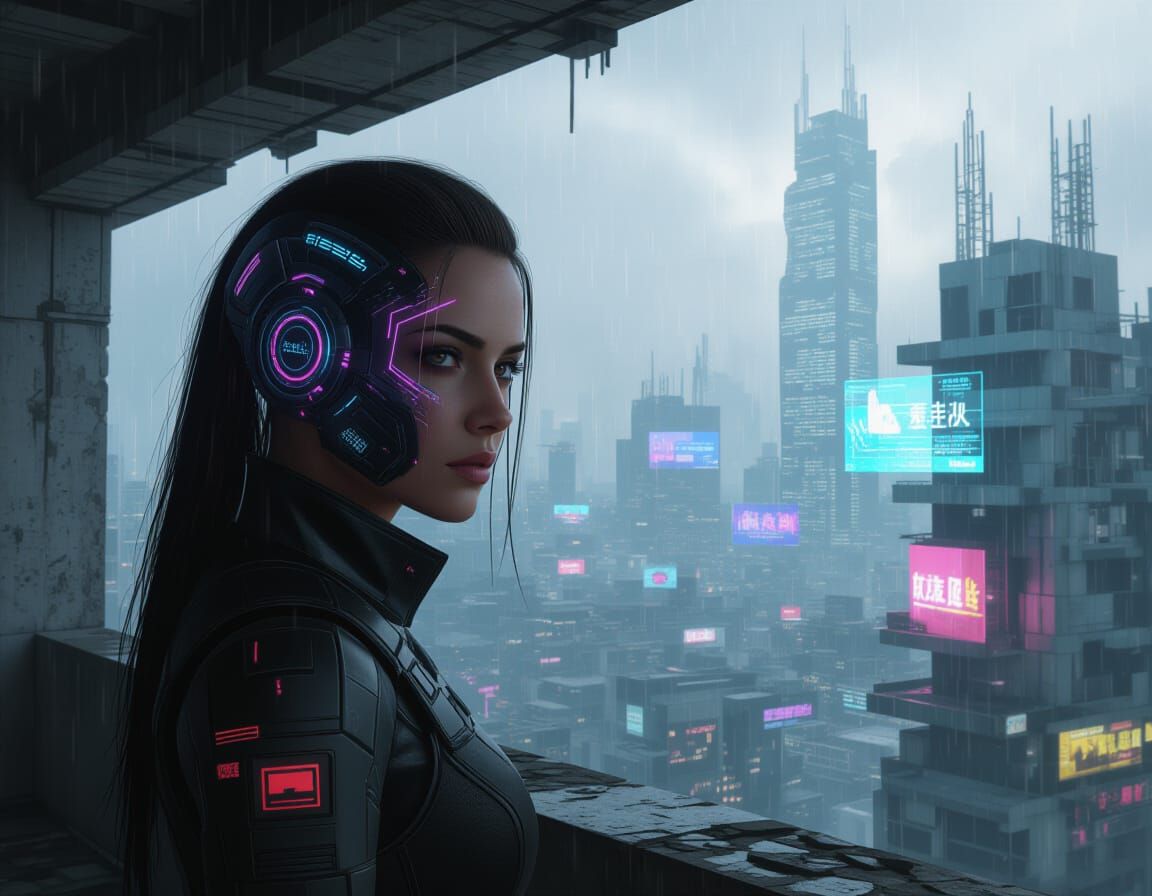Woman with Plasma Enhancements Overlooking Dystopian Metropo...