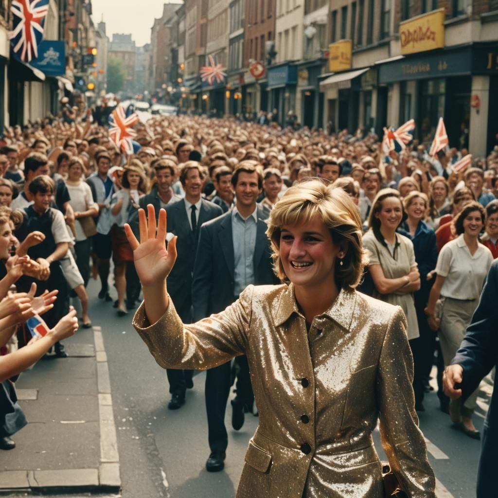 Princess Diana Waving in a Bustling City Street