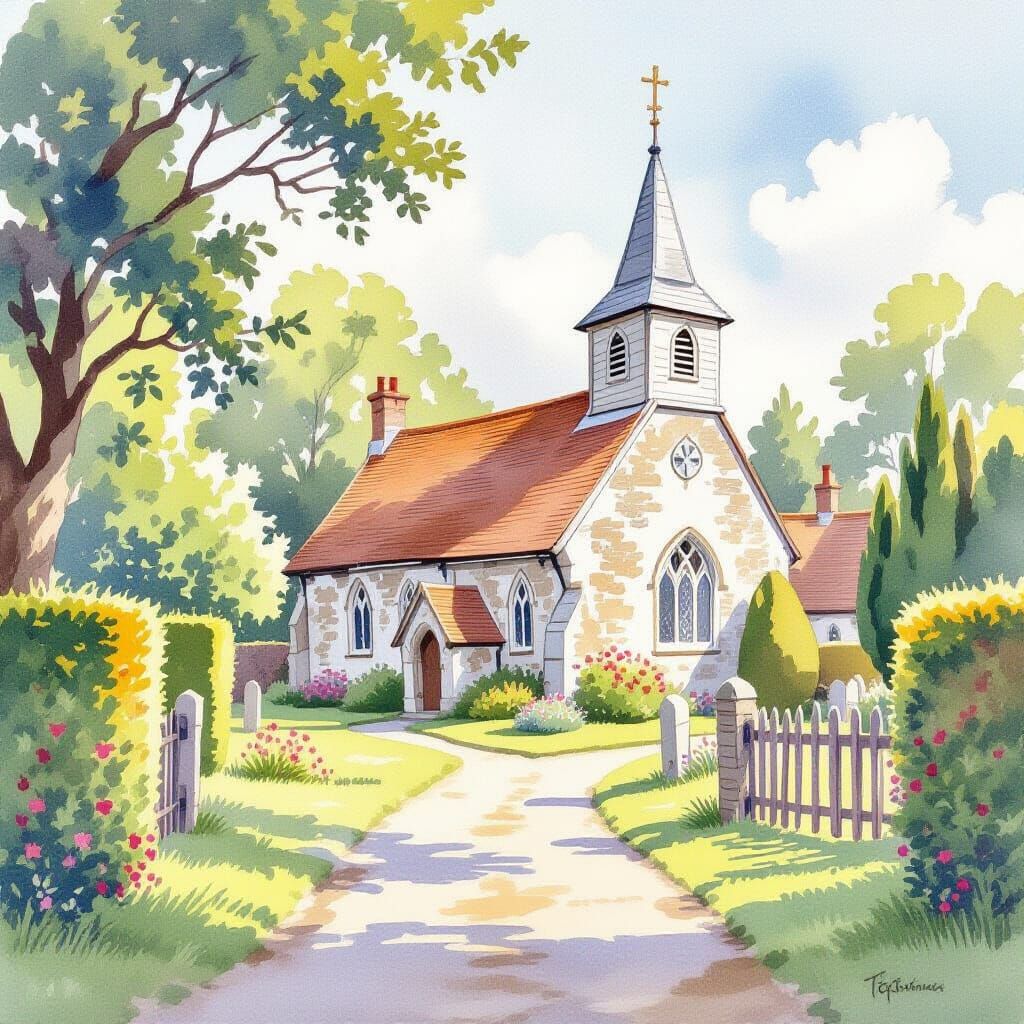 Delicate Watercolour Painting of a Quaint English Country Ch...