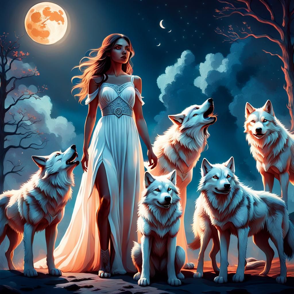 Ethereal Fantasy: Woman, Wolves, and Moonlight