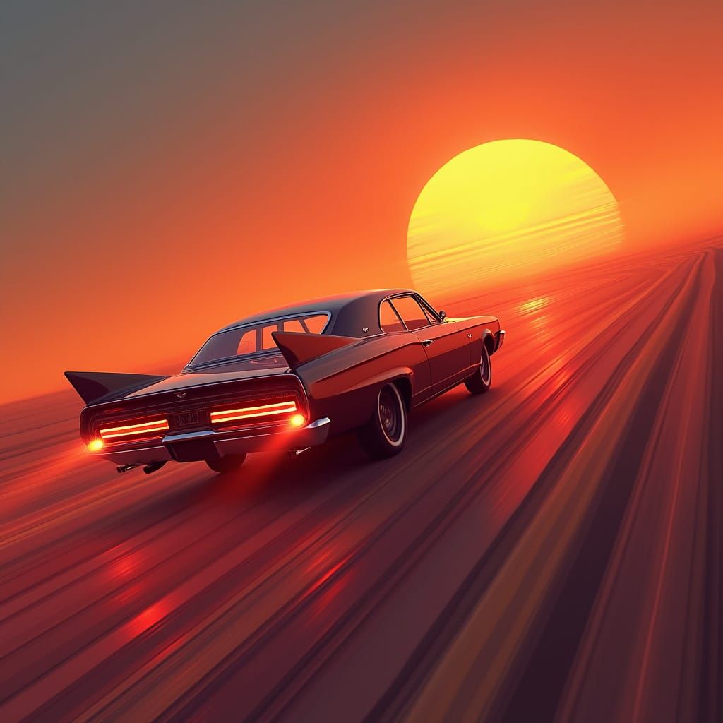 Futuristic Car Speeds Beyond Vibrant Sunset Horizons