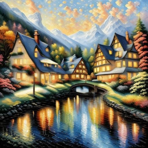 <lora:TLF:1.0>  Schönes gemütliches Fantasie-Steinhaus in einem Frühlingswald neben einem Kopfsteinpflasterweg und einem...