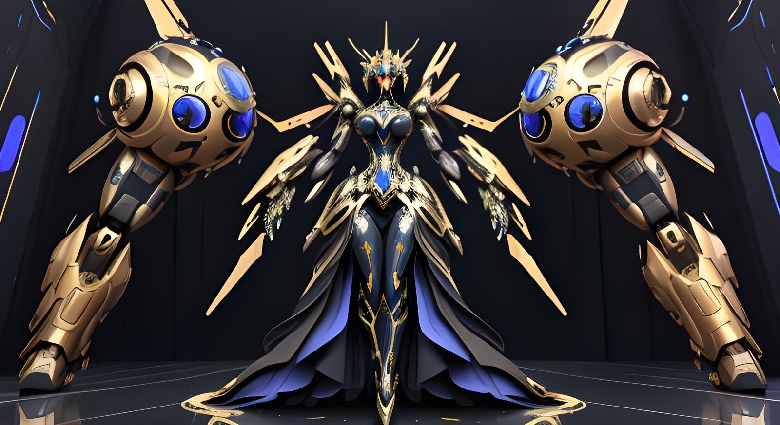 Intricate Bronze Robot in Futuristic Ballroom