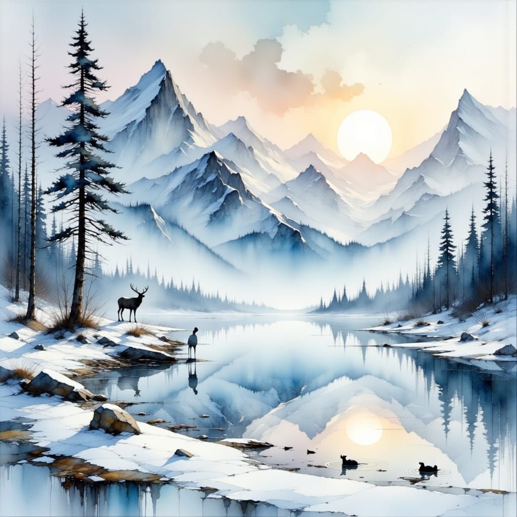 <lora:Flux - Painterly:1.0> <lora:Akimora:1.0> A serene wint...