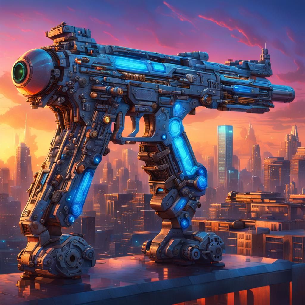 Sentient Gun Concept Art in Sci-Fi Cityscape