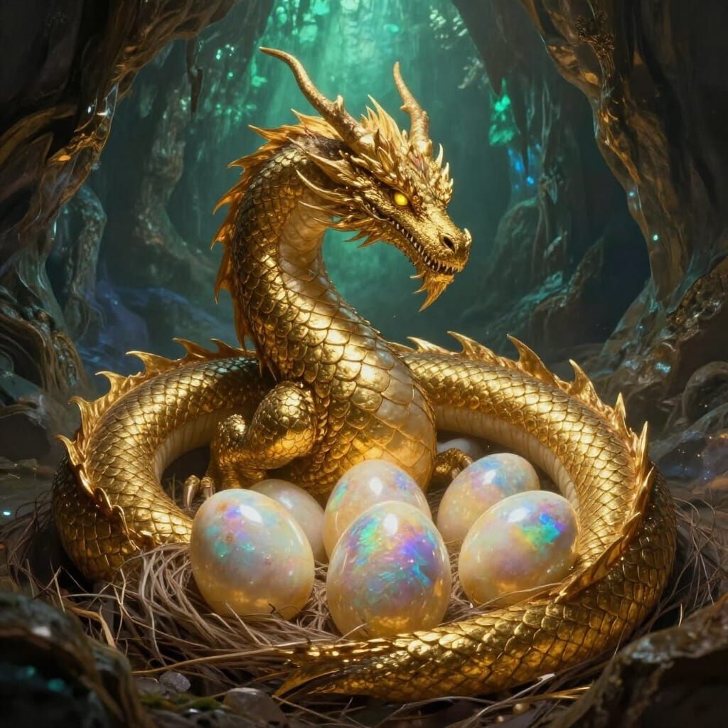 Golden Dragon Protects Mystical Eggs in Fantasy Cave