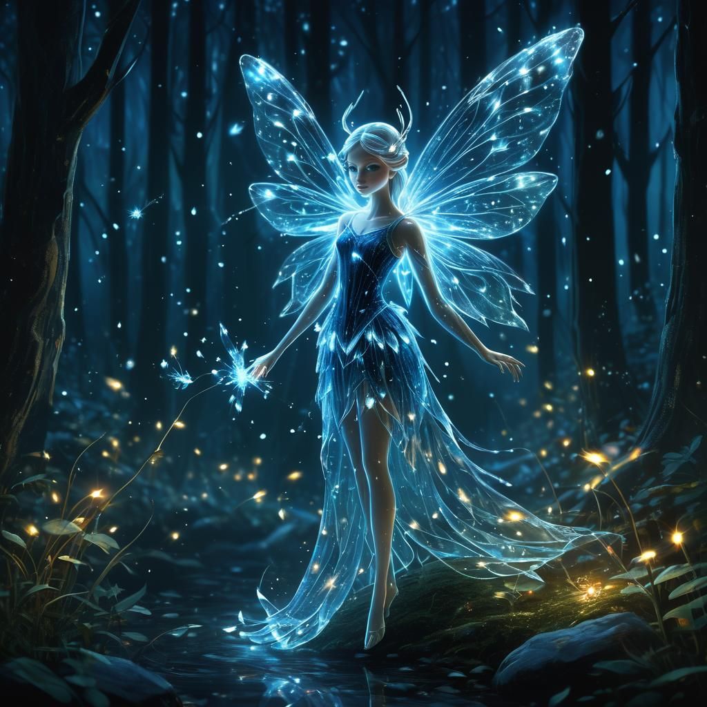 Crystal Fairy in Night Forest: A Fantasy Scene