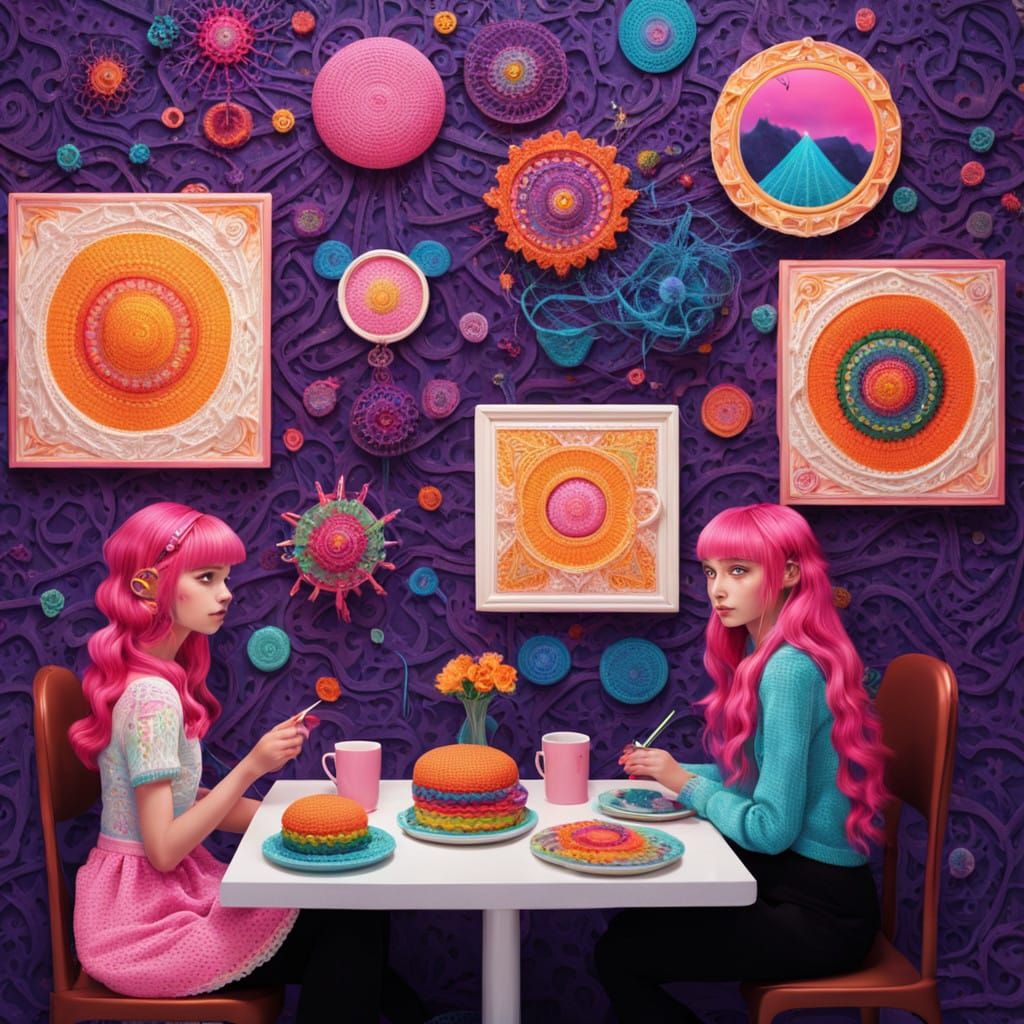 Mixed Race Children in Vibrant 3D Gothic Crochet Style