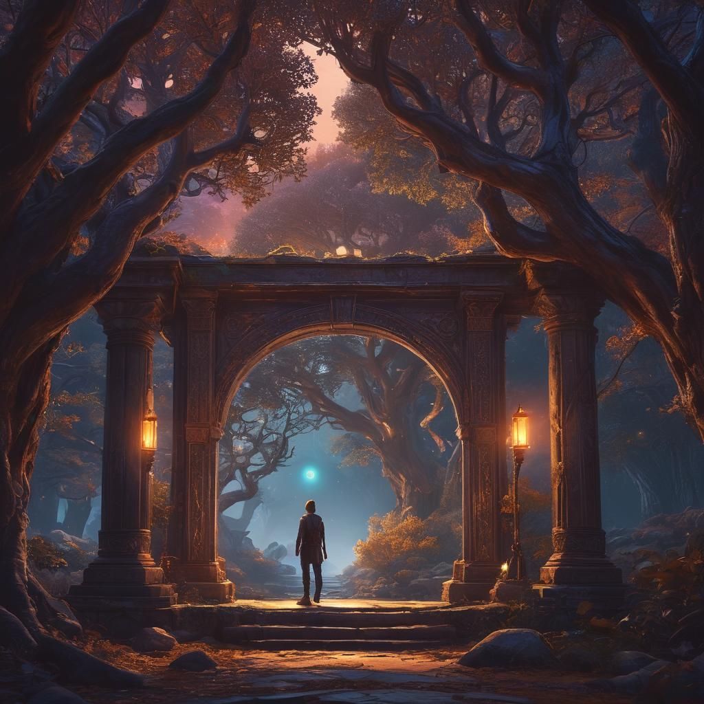 Traveler at Glowing Portal in Surreal Landscape