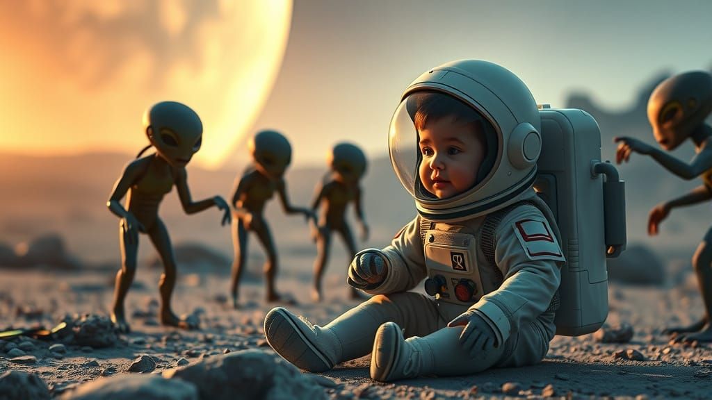 Toddler Astronaut and Alien Friends, Sci-Fi Digital Art