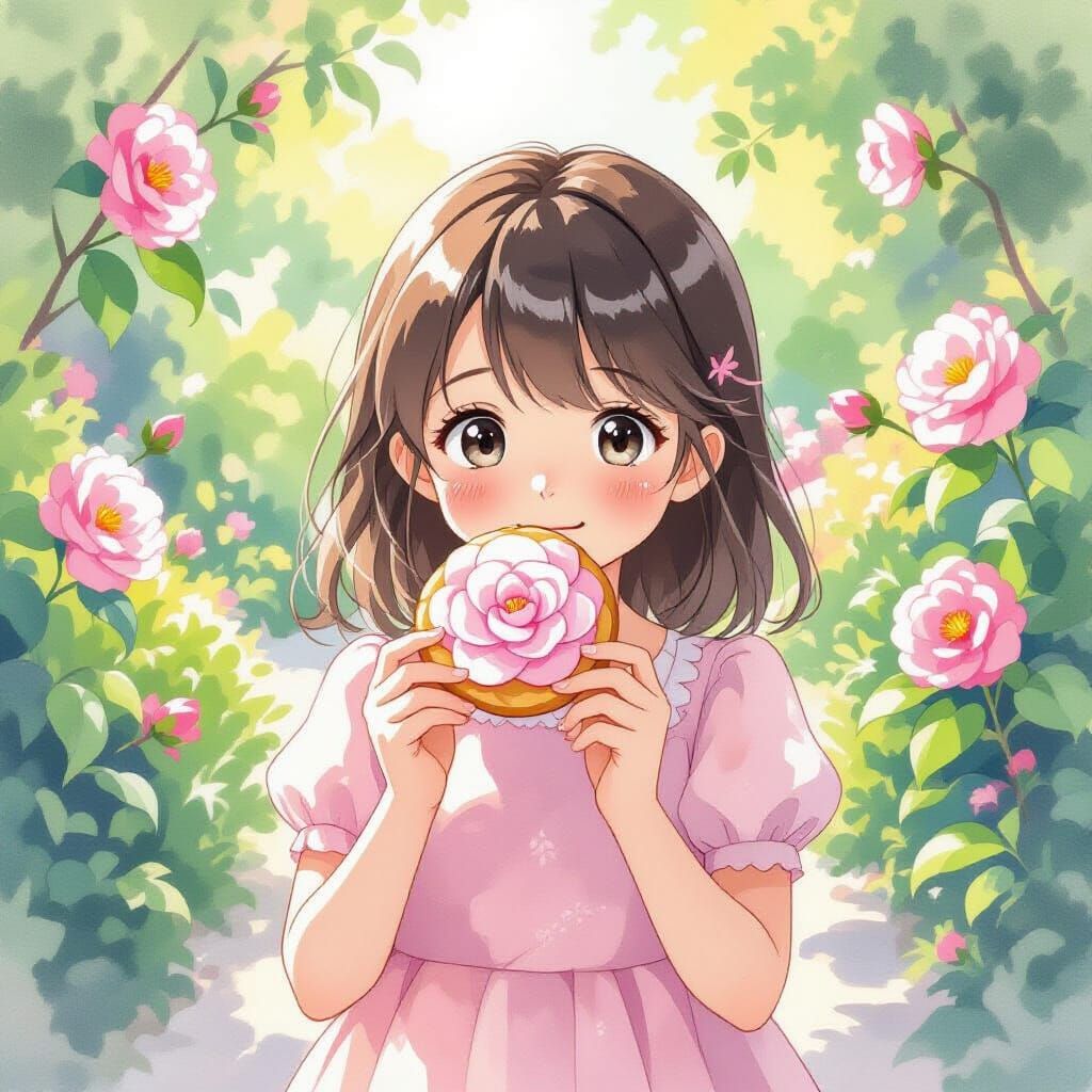 Girl with Camellia Cookie in Whimsical Garden