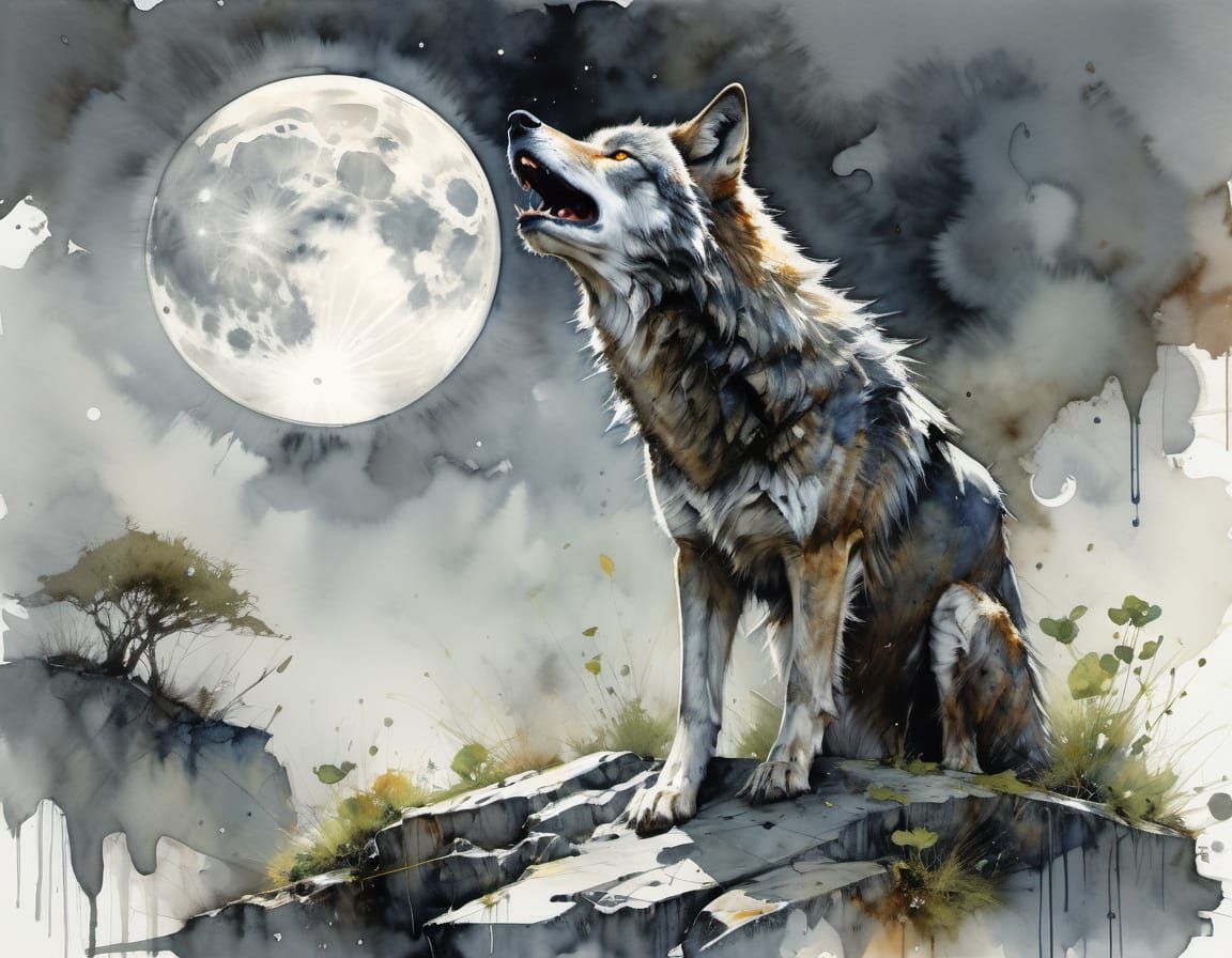 Gray Wolf at the Moon in Watercolor