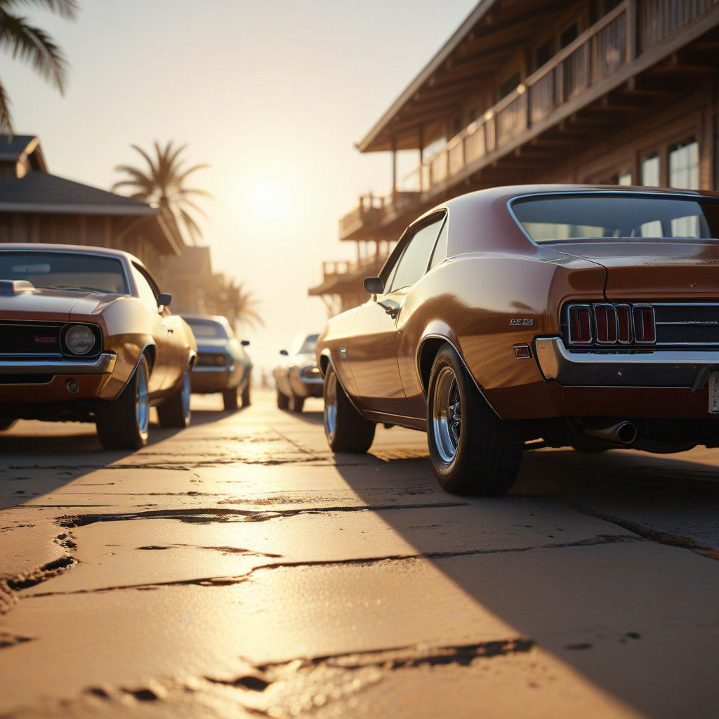 Classic Muscle Cars under Golden Hour at the Beach