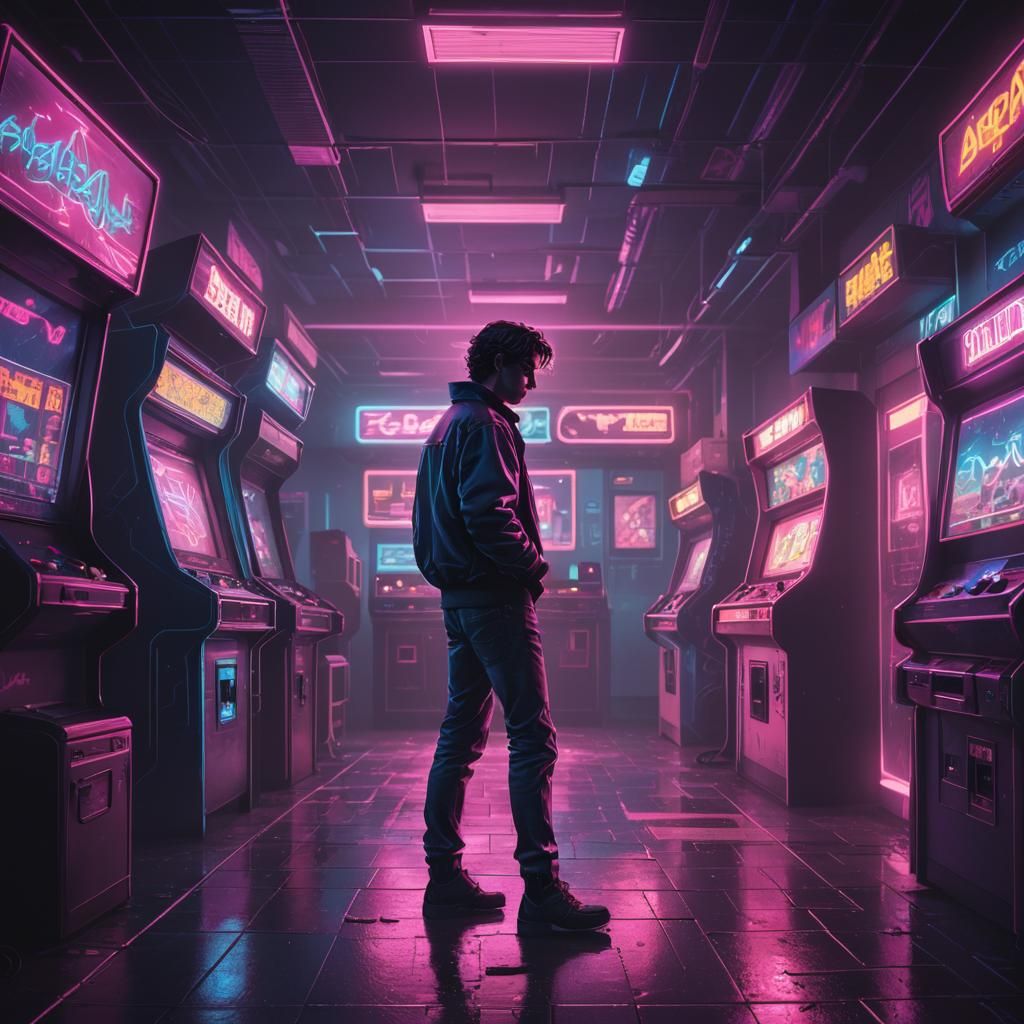 Neon Retrowave Gamer in a Retro Arcade