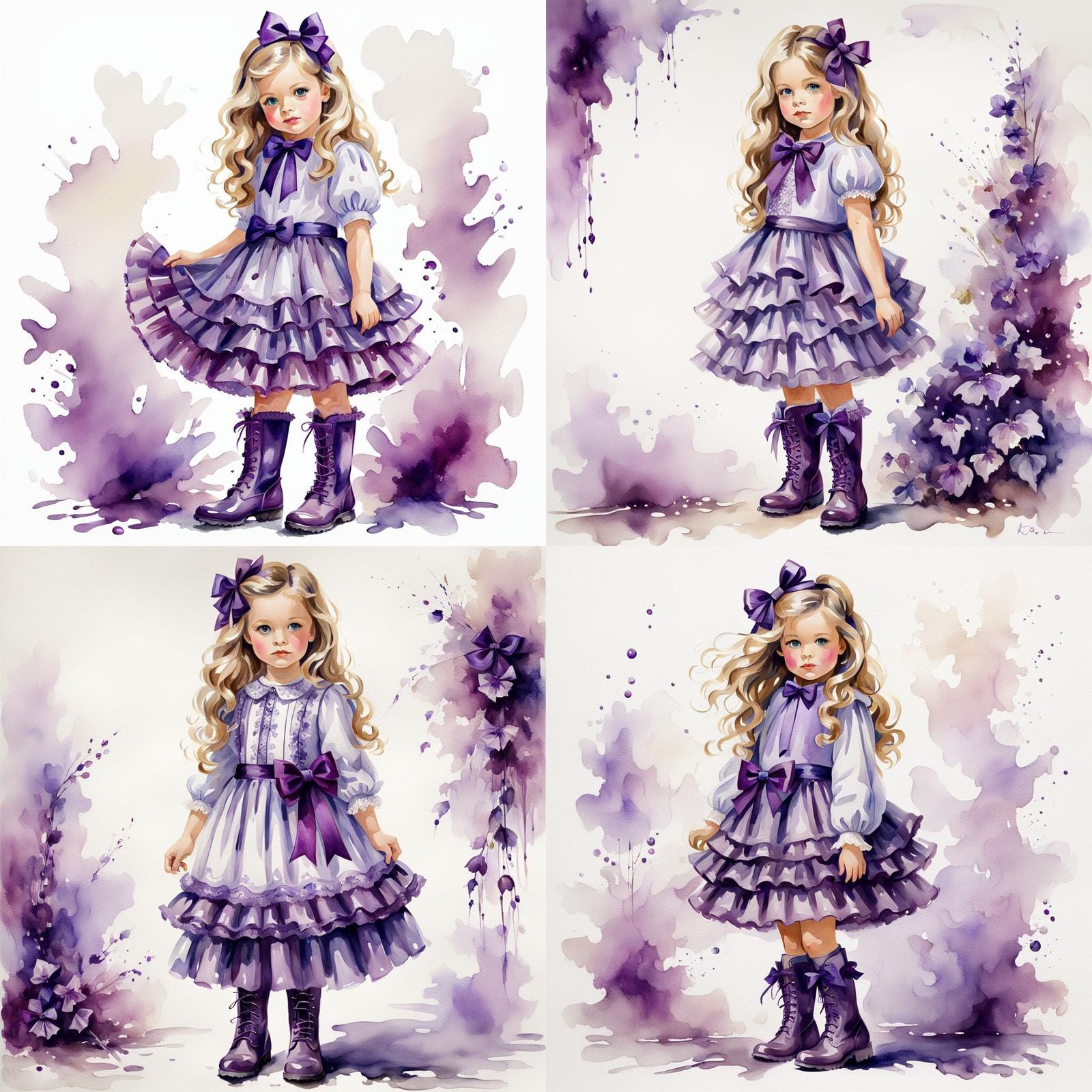 Girl with Purple Bow in Watercolor Oil Painting