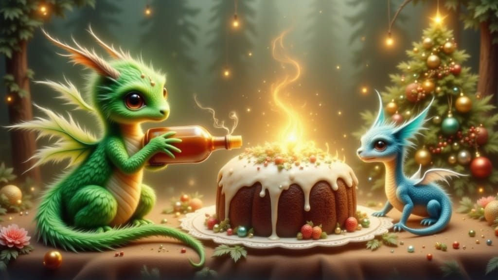 Baby Dragons Ignite Christmas Pudding in Festive Scene