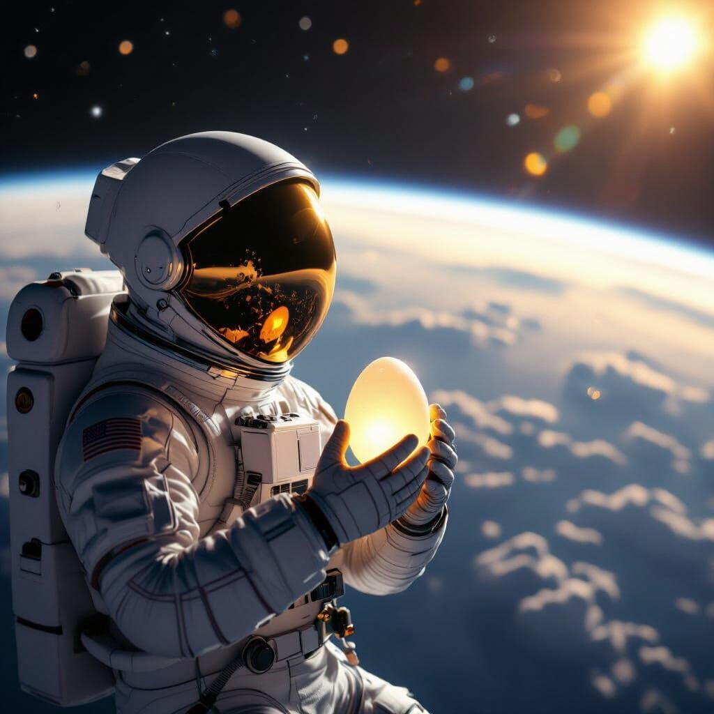 Astronaut Holds Glowing Egg in Zero Gravity Near Earth