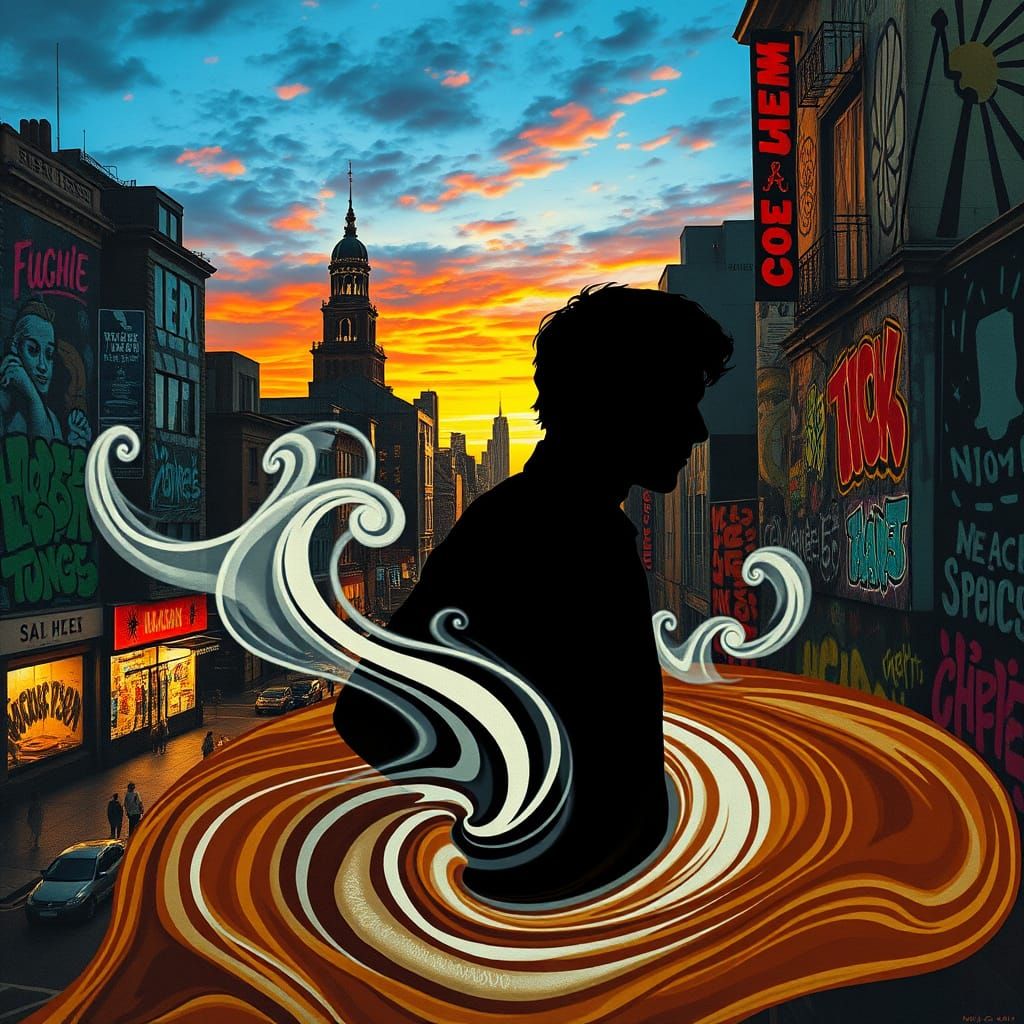 Vibrant Cityscape Silhouette in Steampunk Style