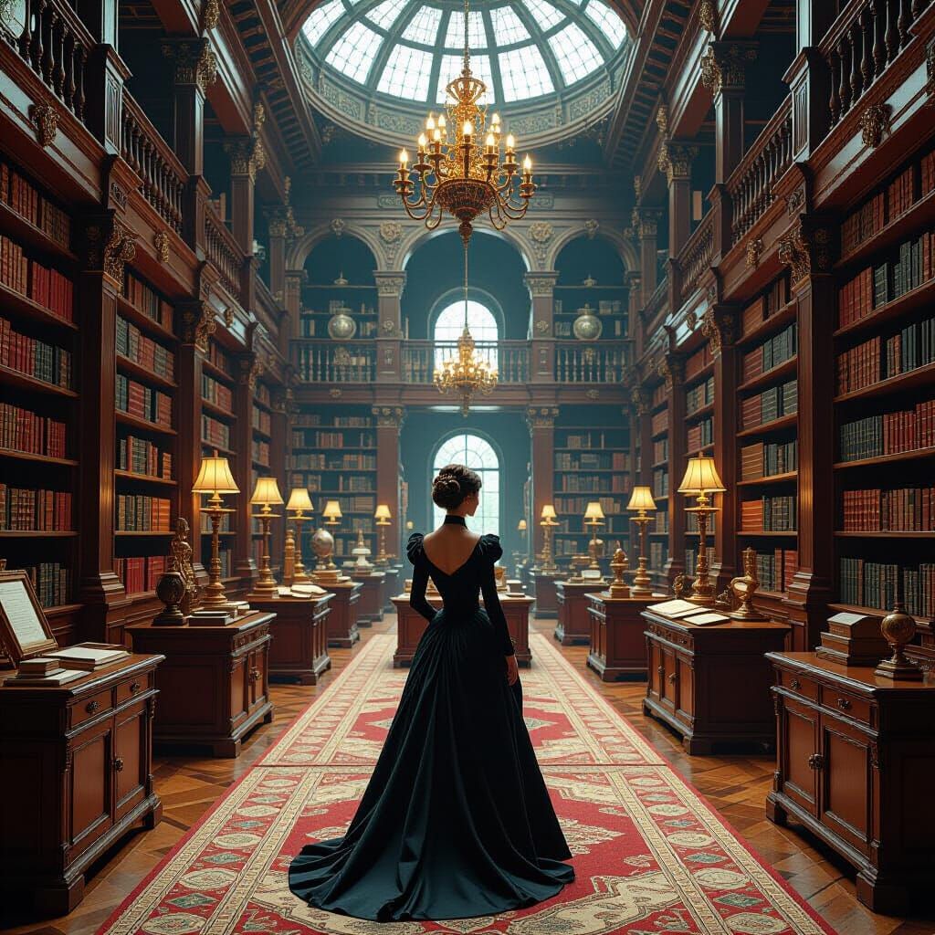 Elegant Curator in Ornate Ancient Library