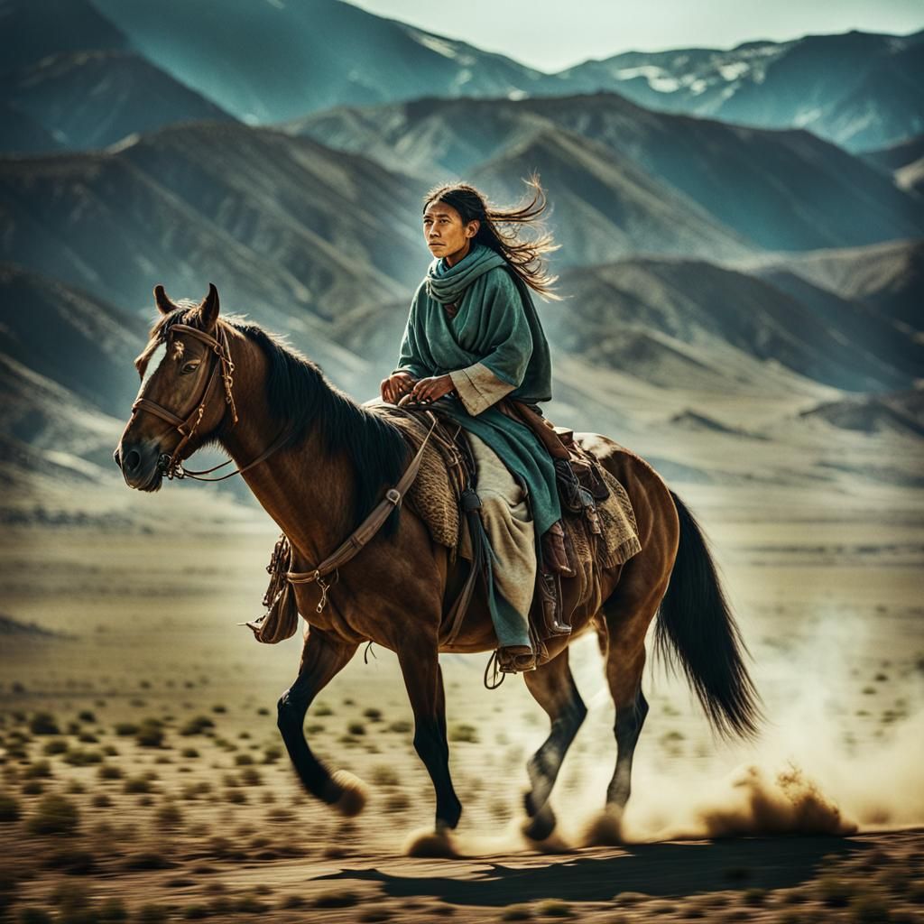 Nomad Woman on Horseback: Cinematic Film Still