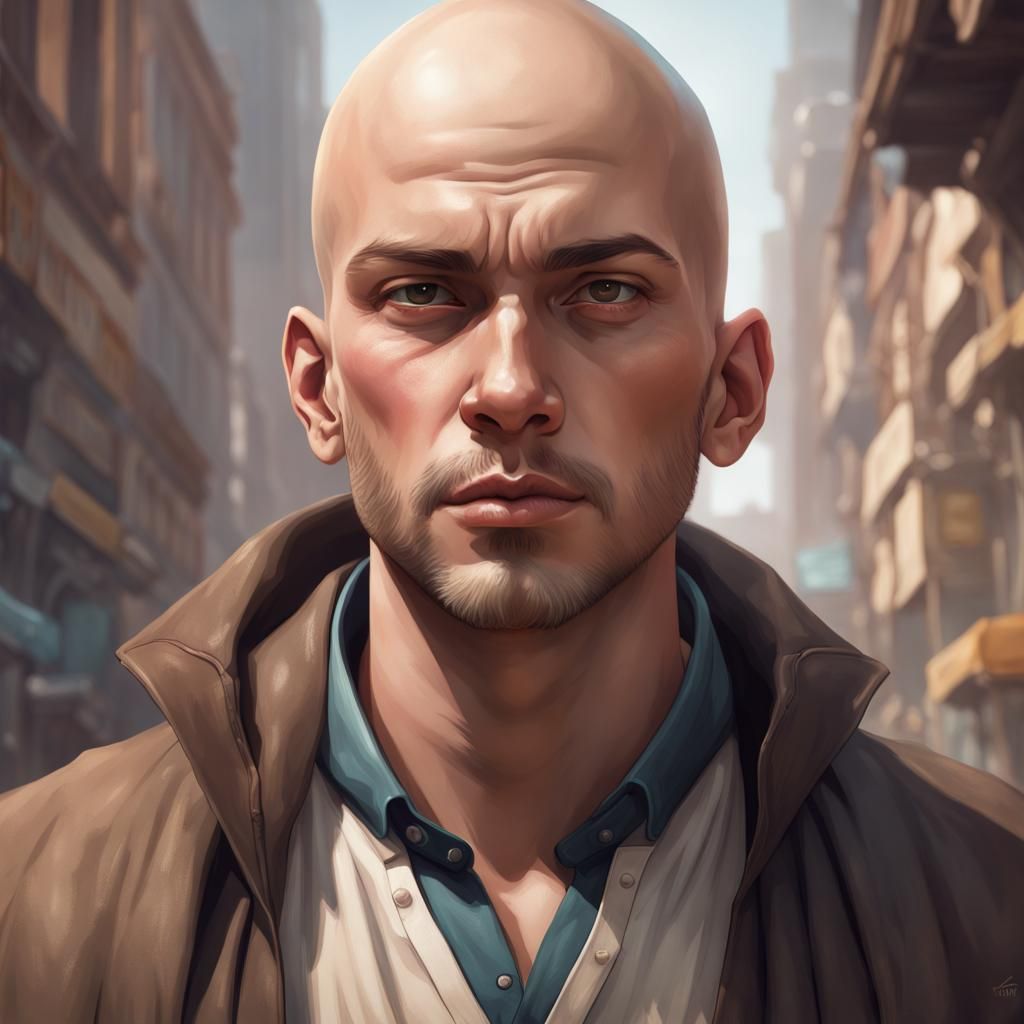 Detailed Portrait of a Bald Boy with Brown Pants