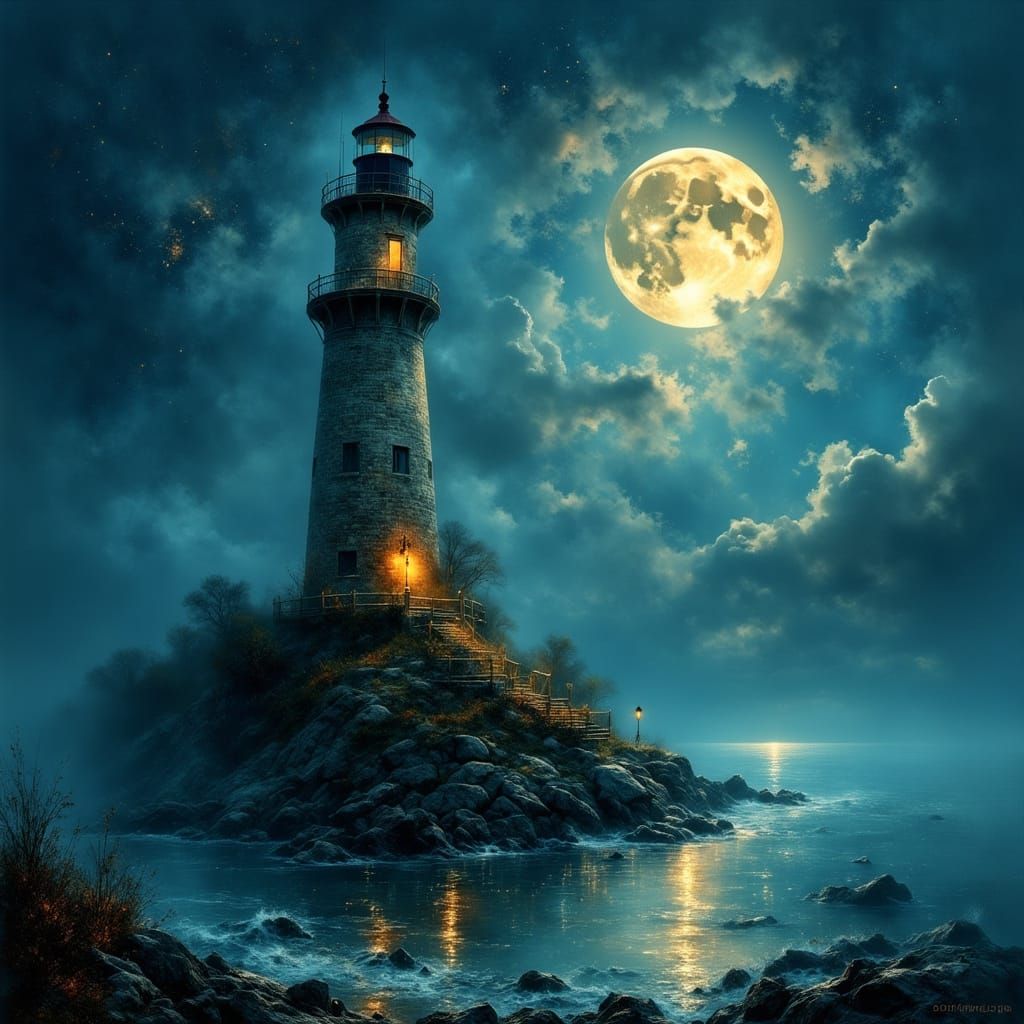 Ethereal Lighthouse Shines Under Full Moon