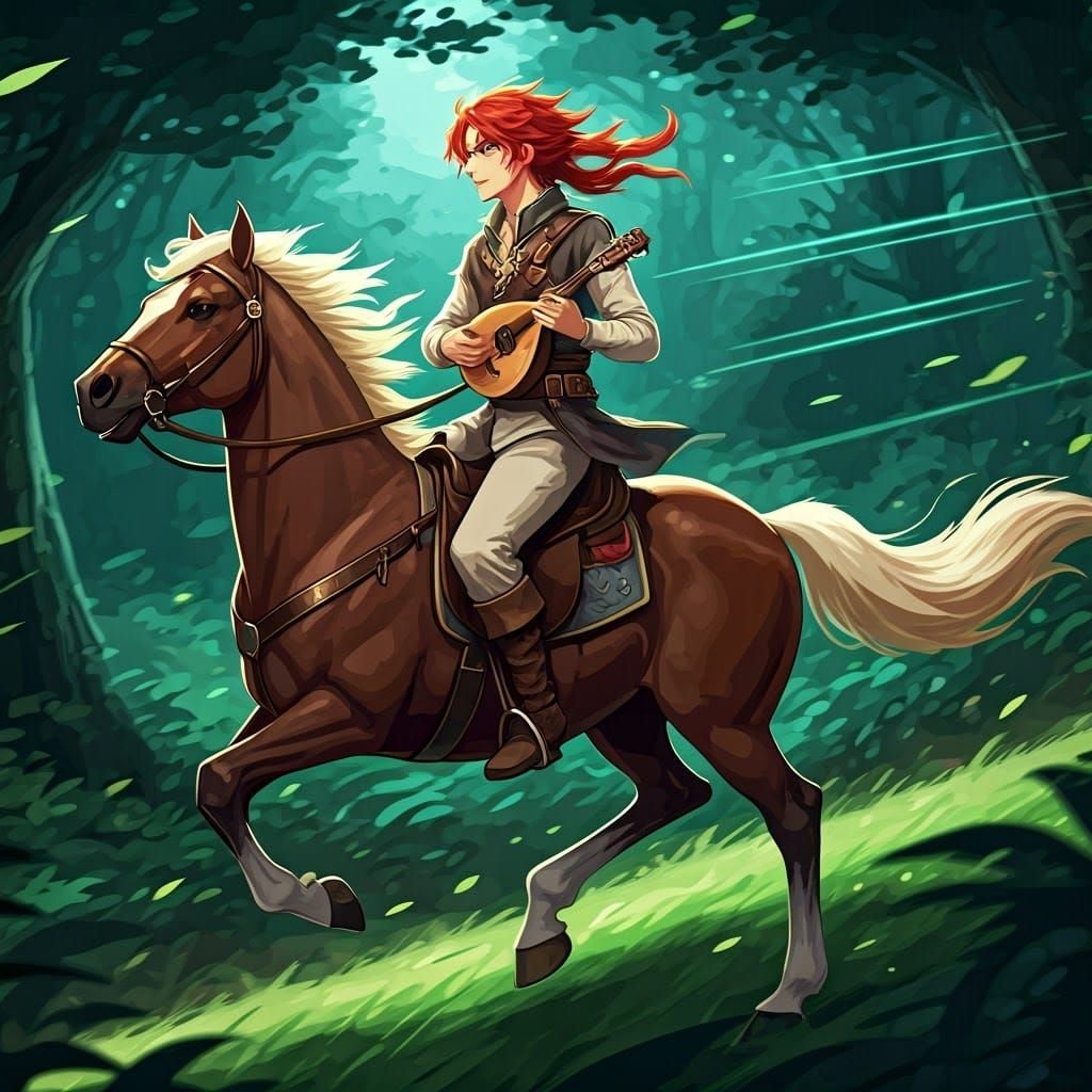 Fiery Bard Rides Through Moonlit Forest in Anime Style