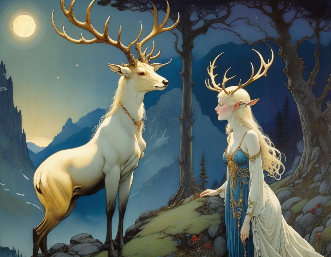 Chthonic Dreams: Woman and Stag in Art Nouveau Style