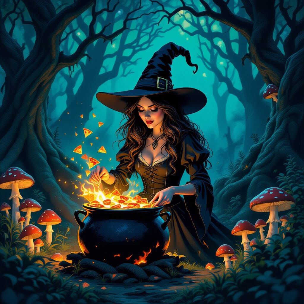 Whimsical Gothic Witch with Pizza Cauldron in Enchanted Fore...