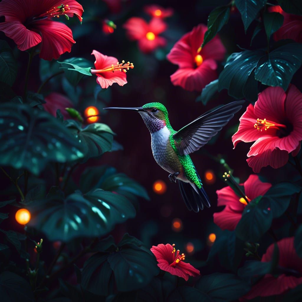 Hummingbird in Hibiscus Garden at Night