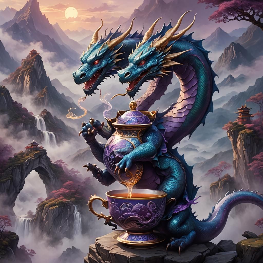 Dragon Sipping Tea in Misty Mountains
