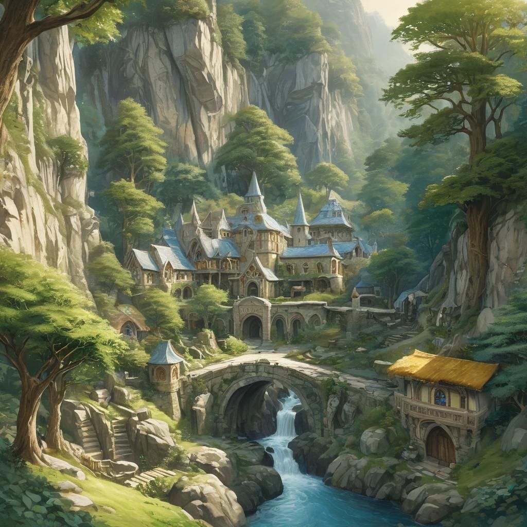 Rivendell Valley Settlement in Watercolor Painting Style