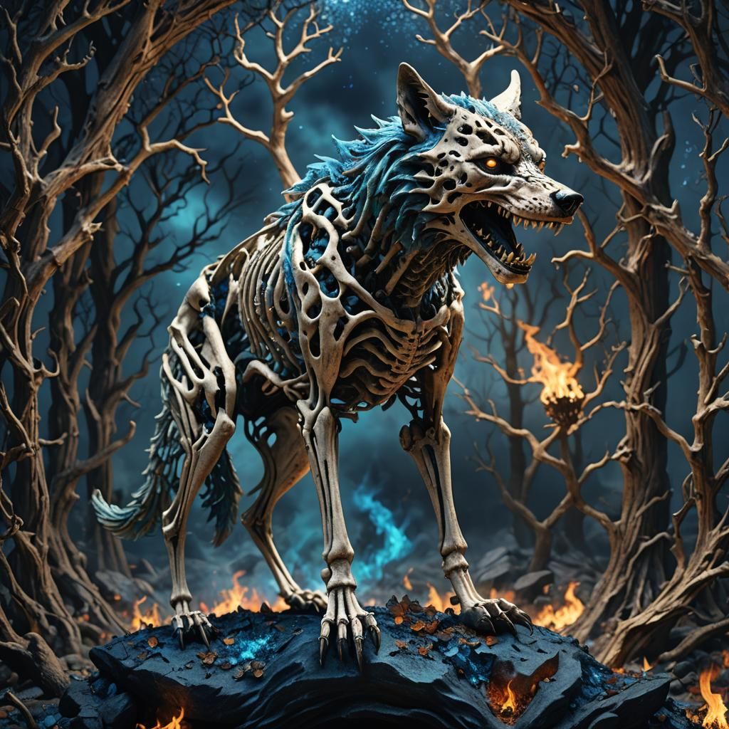 Fiery Wolf Skeleton in Photorealistic CGI