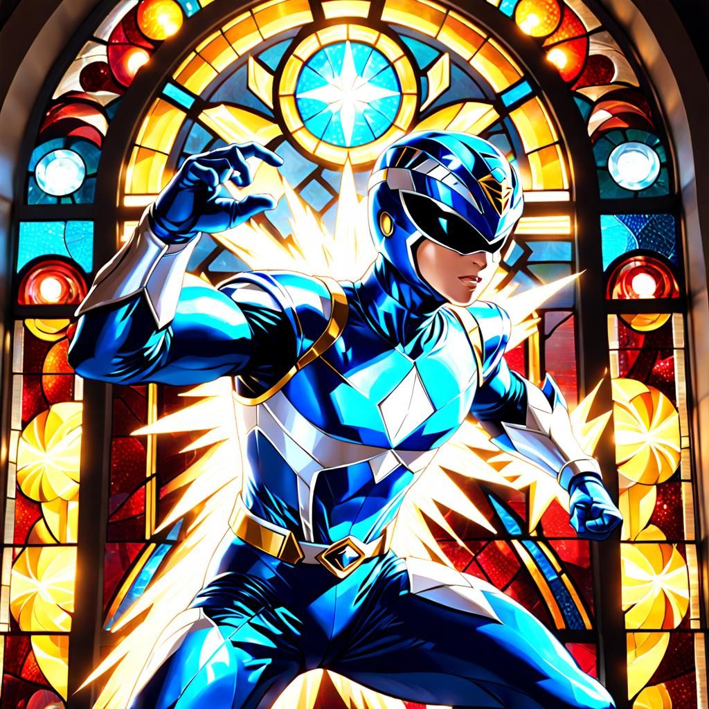 Blue Power Ranger Leaps Through Stained Glass