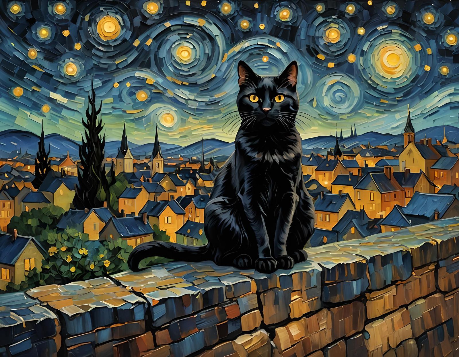 Black Cat on Starry Night as Impasto Painting