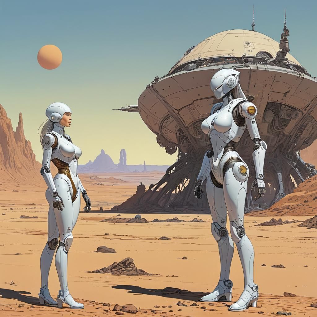 Woman and Robot on Alien World, Moebius Style