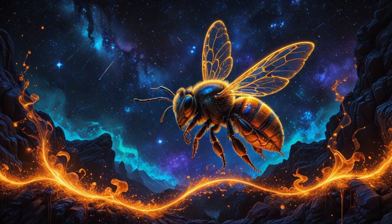 Cyberpunk Bees Construct Vibrant Tapestry of Stardust and Ne...