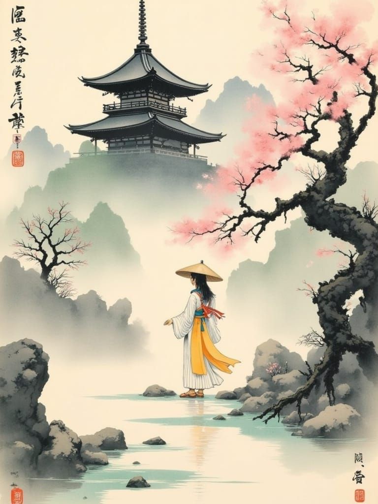 Surreal Japanese Landscape in Traditional Style