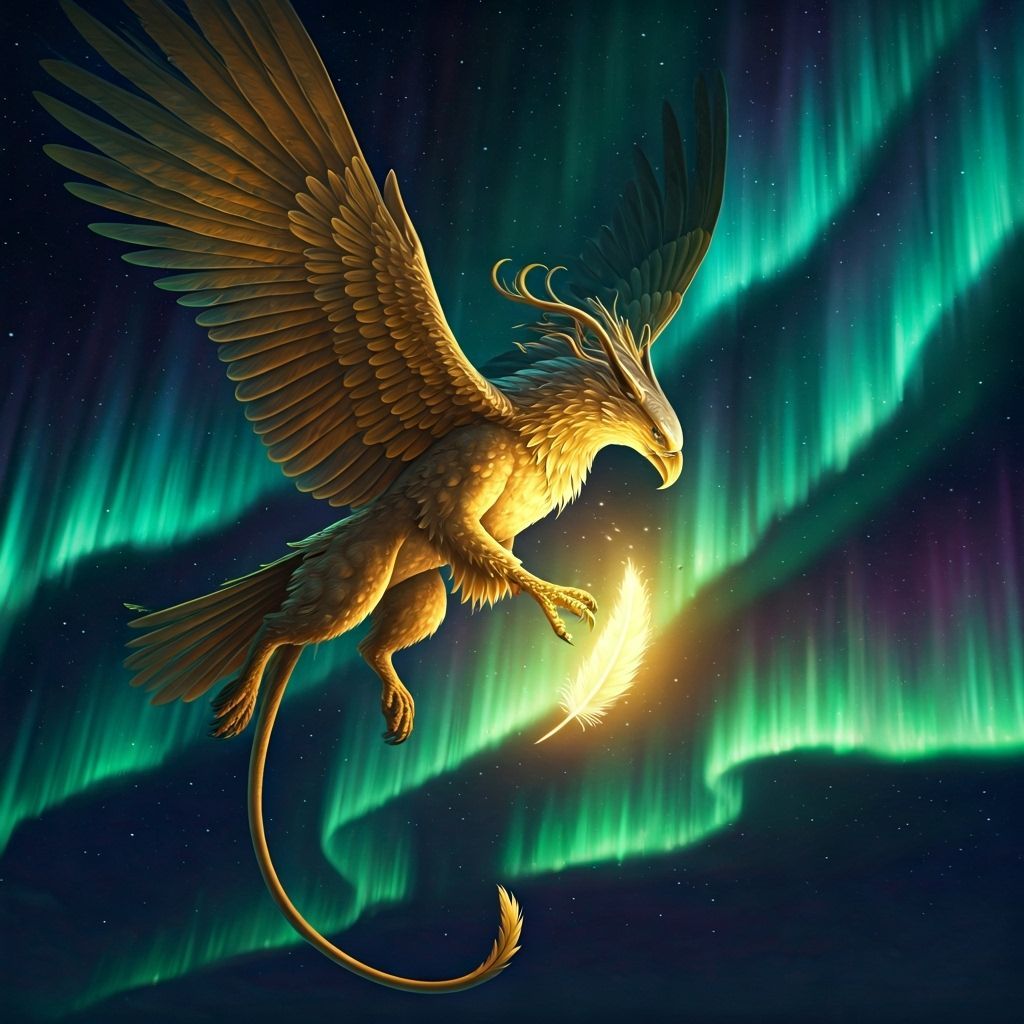 Majestic Griffin Soars Through Aurora Sky