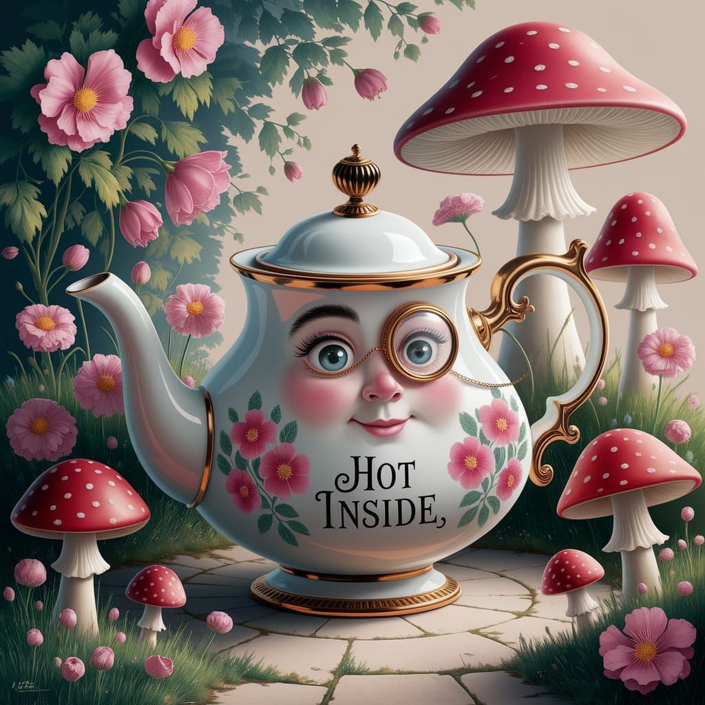 Whimsical Teapot with Monocle in Pastel Garden