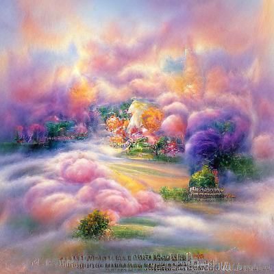 Ethereal Pastel Fantasy Landscape with Clouds and Flowers