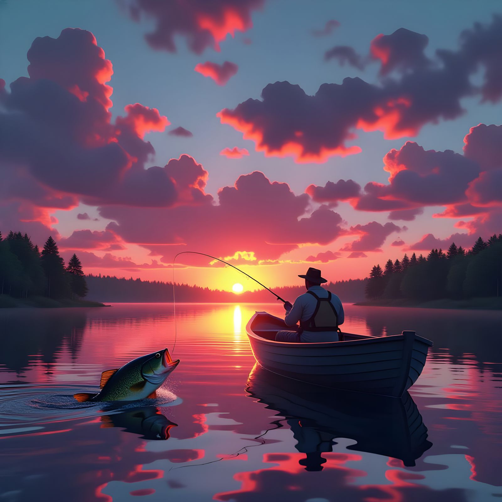 3D Wooded Lake at Sunrise with Fisherman in Rowboat