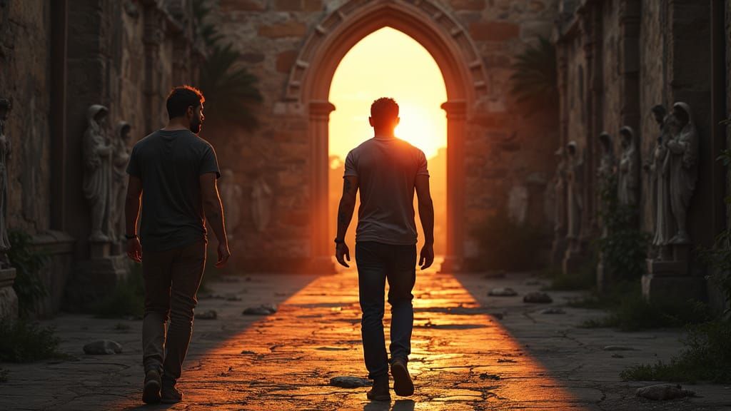 Rugged Man Walks Through Abandoned Church Courtyard at Sunse...
