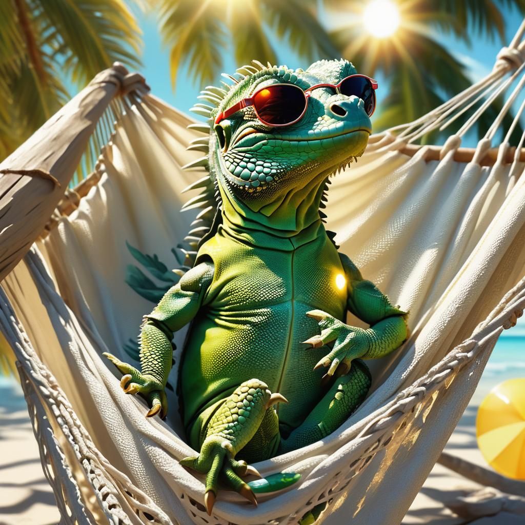 Iguana Sunbathing on Tropical Beach in Hyperrealistic Style