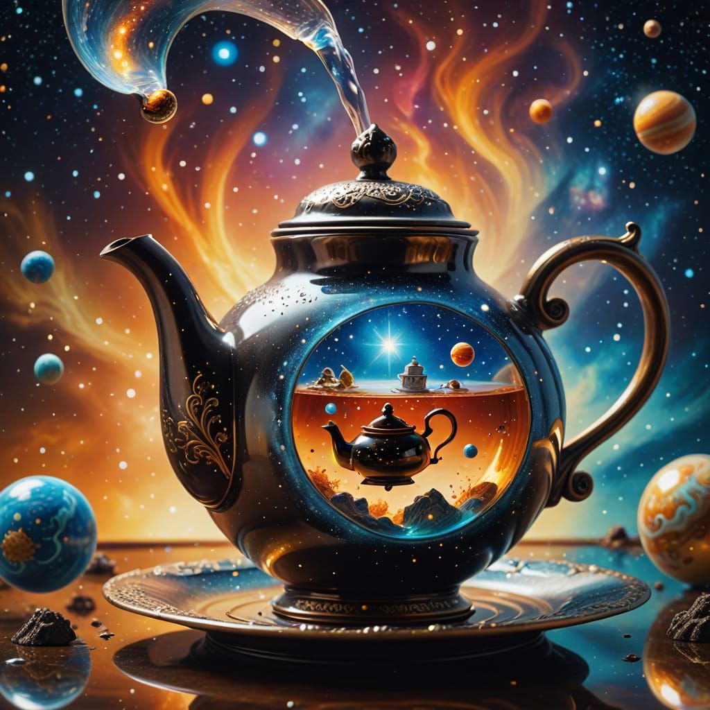Cosmic Teapot: Space Pouring in Surreal Oil Painting