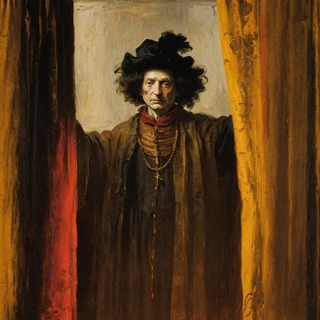 Ethereal Face Behind Curtains in Baroque Style