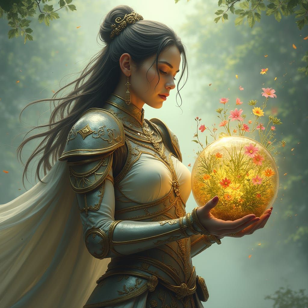 Ethereal Warrior Goddess Cradles Blossoming Paradise