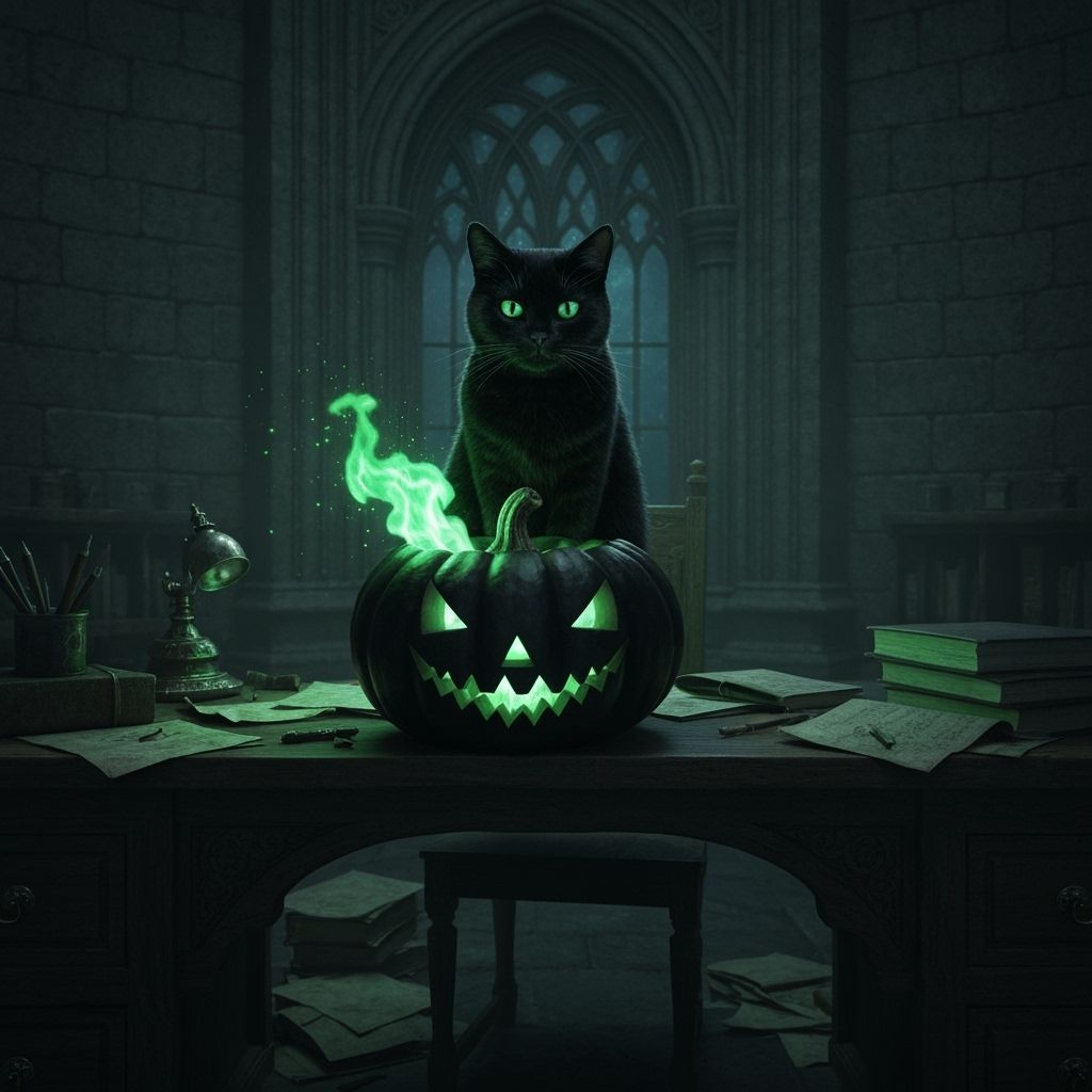 Cat in Glowing Pumpkin on Wizard's Desk