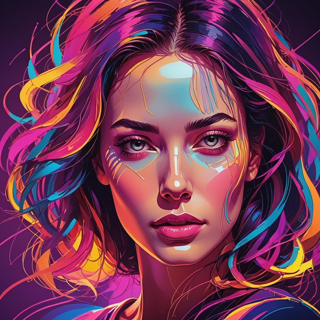 Abstract Woman Face in Neon Digital Art