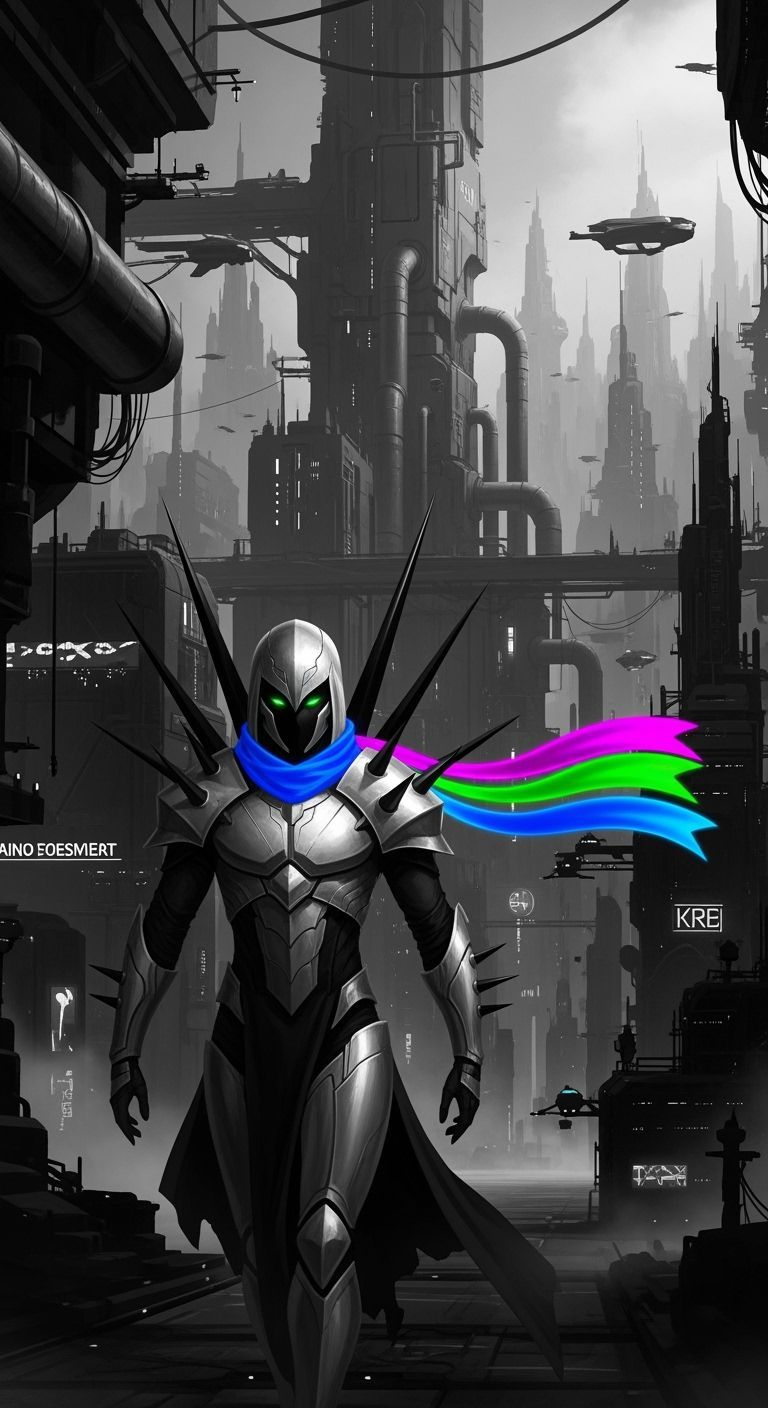 Silver Armored Figure in Grayscale City with Neon Accents